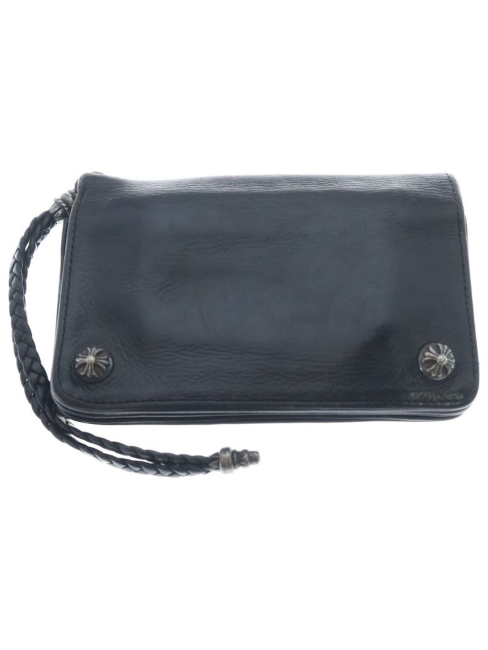Chrome Hearts 2 Zip Strap Crossball Button Leather Wallet Black